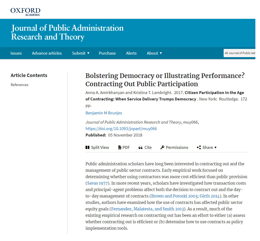 PADP alumnus reviews new political science book in the Journal of Public Administration Research and Theory