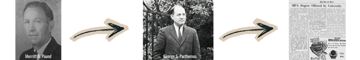 (L to R) Merritt Pound, George S. Parthemos, R&B article announcing MPA Degree